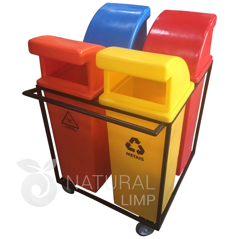 Conjunto de lixeiras para coleta seletiva EcoBox com carrinho e suporte Exclusividade Natural Limp