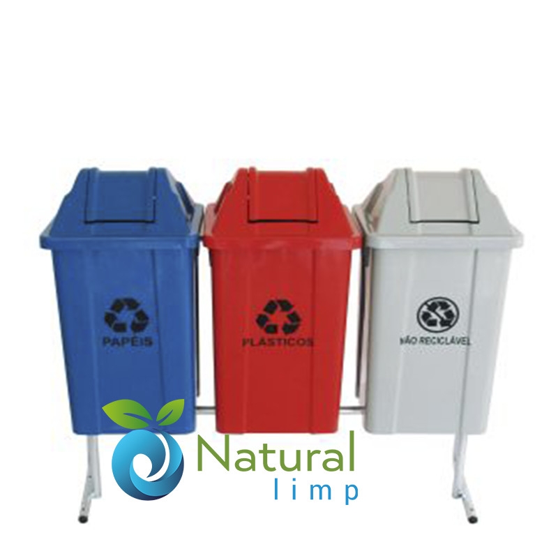 Conjunto com 3 lixeiras para coleta seletiva logo Natural Limp